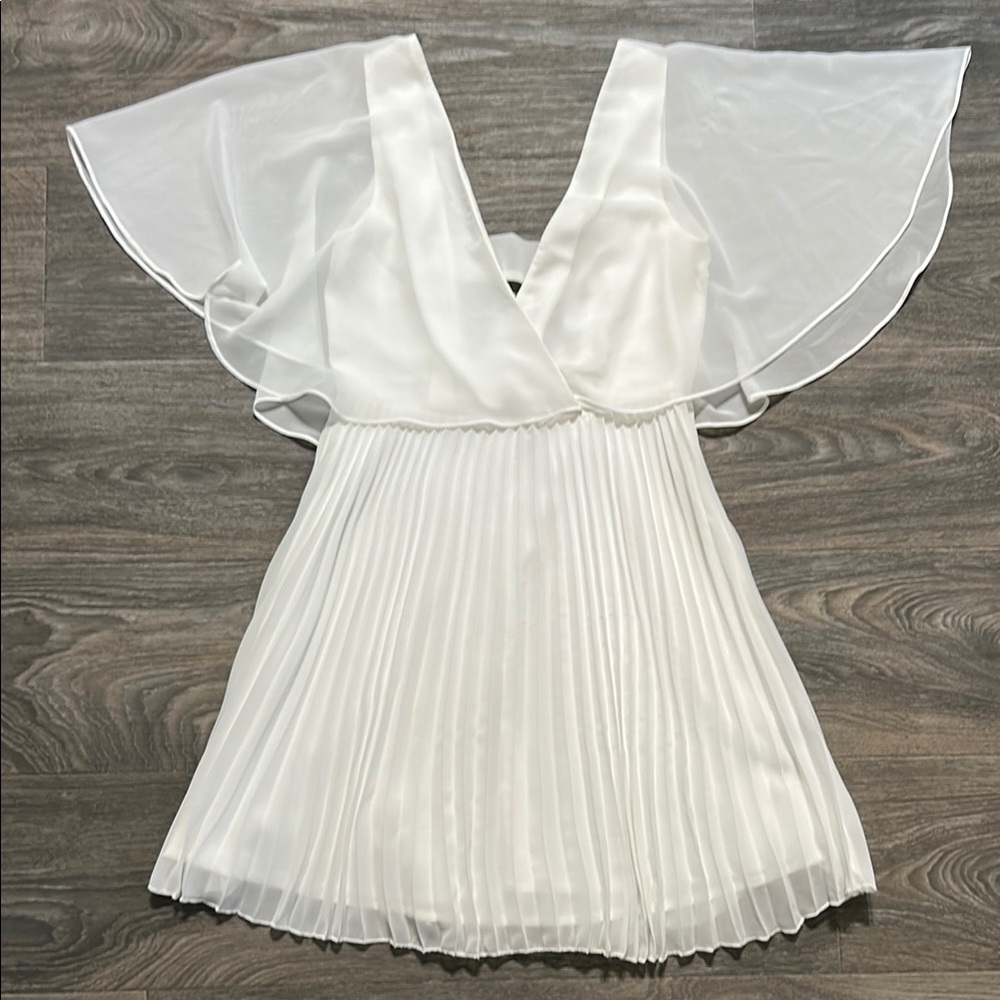 NWT ASOS Flutter Sleeve Pleated Lined Mini Dress Size 6 White Sheer Bridal